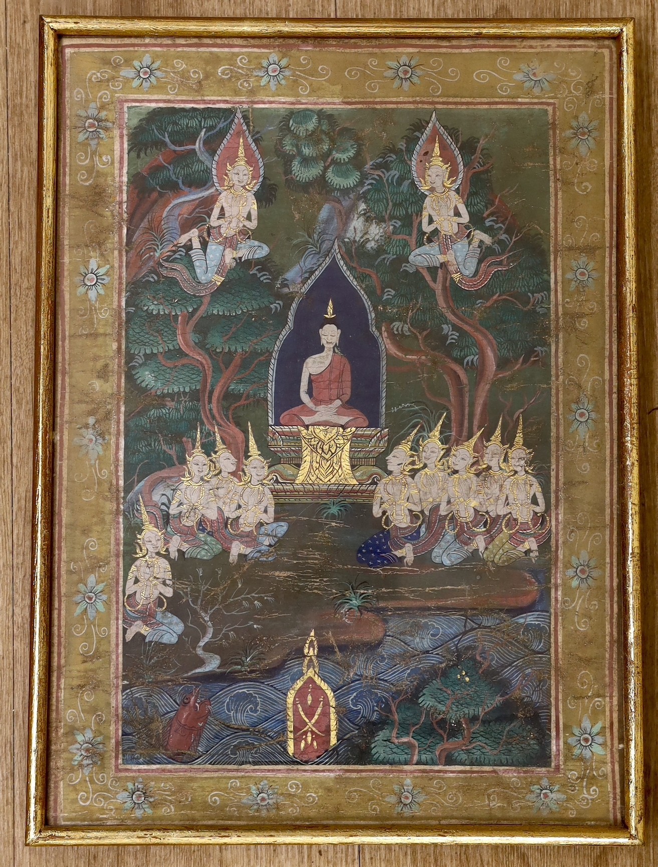 A pair of 19th century Thai gouache, depicting Buddhist figures, 41 x 20cm